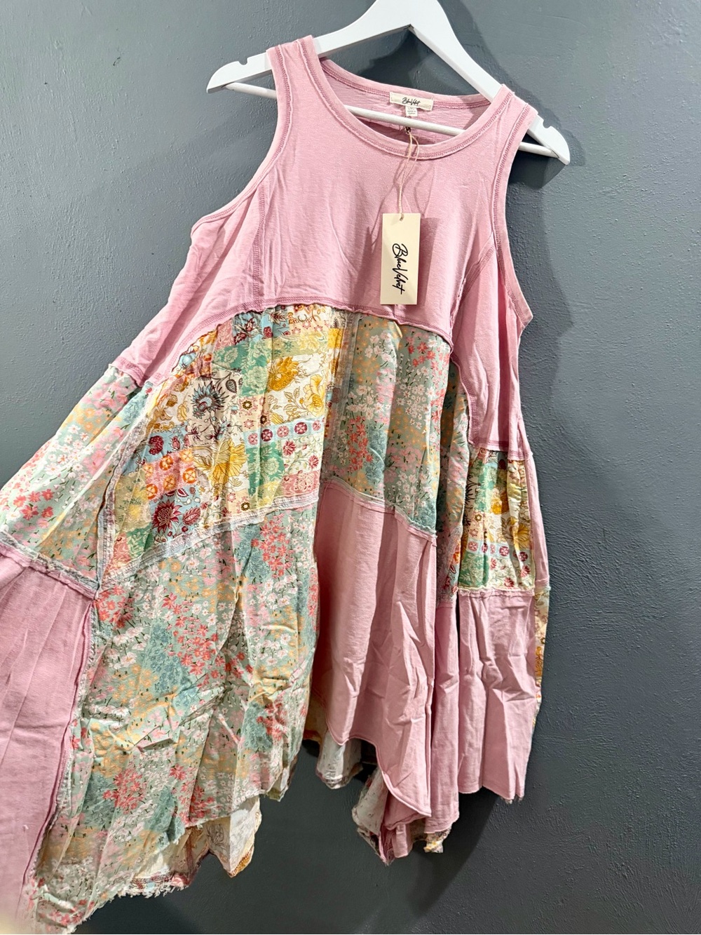 Blue Velvet Pink Patchwork Sleeveless Tunic. Can be Worn as a Dress.